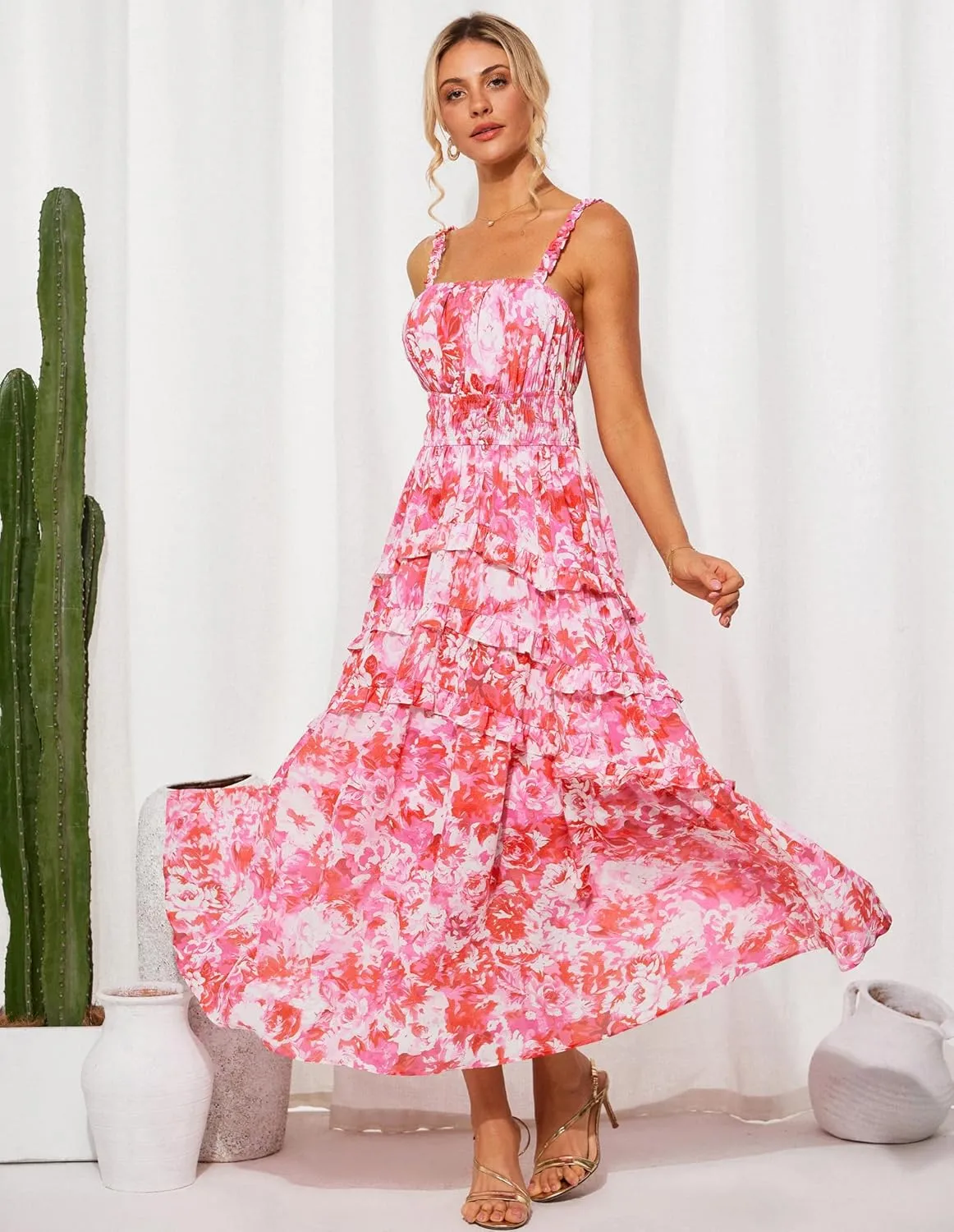 GRACE KARIN Women's Floral Summer Wedding Guest Dresses 2025 Trendy Long Flowy Smocked Tiered Maxi Dress