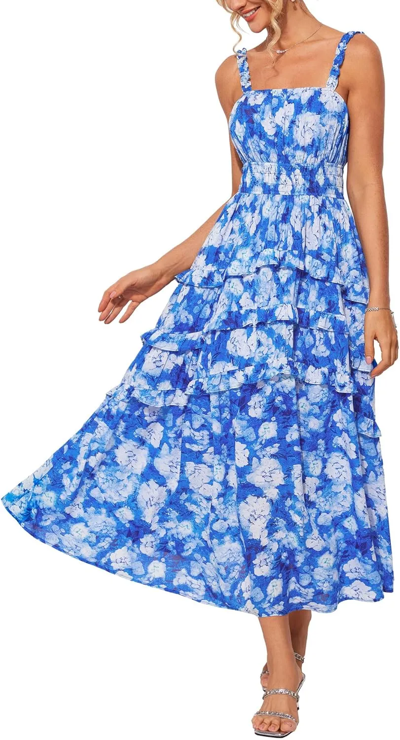 GRACE KARIN Women's Floral Summer Wedding Guest Dresses 2025 Trendy Long Flowy Smocked Tiered Maxi Dress