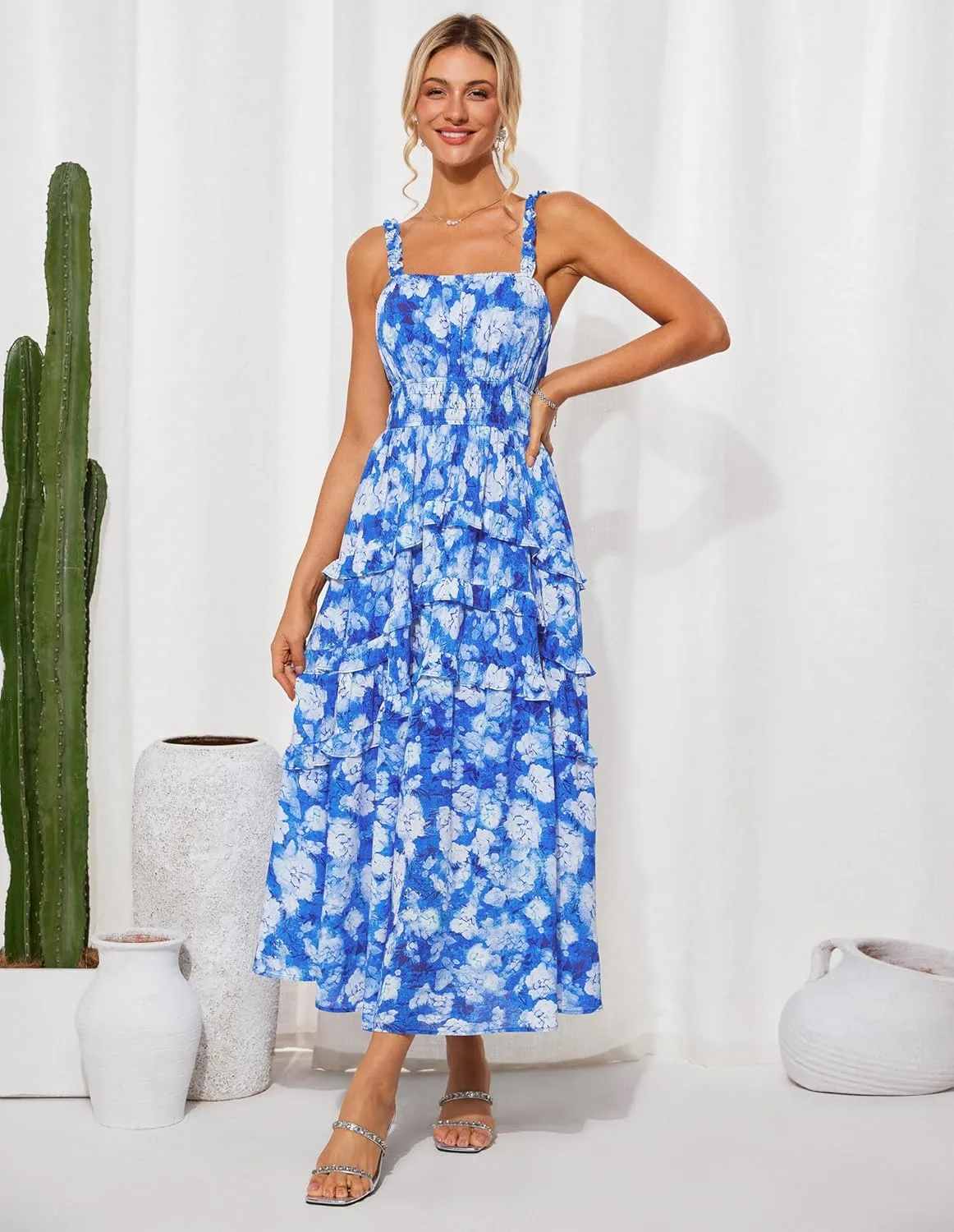 GRACE KARIN Women's Floral Summer Wedding Guest Dresses 2025 Trendy Long Flowy Smocked Tiered Maxi Dress