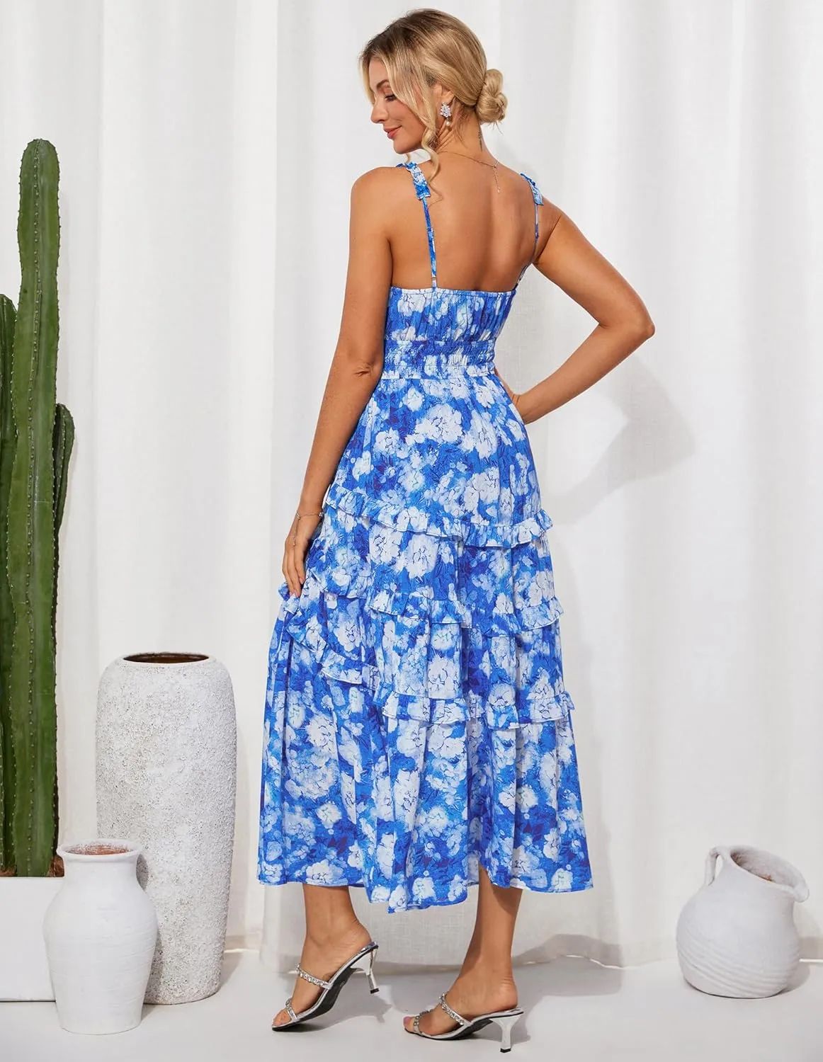 GRACE KARIN Women's Floral Summer Wedding Guest Dresses 2025 Trendy Long Flowy Smocked Tiered Maxi Dress