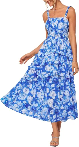 GRACE KARIN Women's Floral Summer Wedding Guest Dresses 2025 Trendy Long Flowy Smocked Tiered Maxi Dress