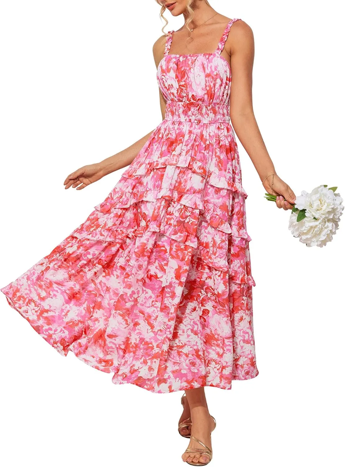 GRACE KARIN Women's Floral Summer Wedding Guest Dresses 2025 Trendy Long Flowy Smocked Tiered Maxi Dress