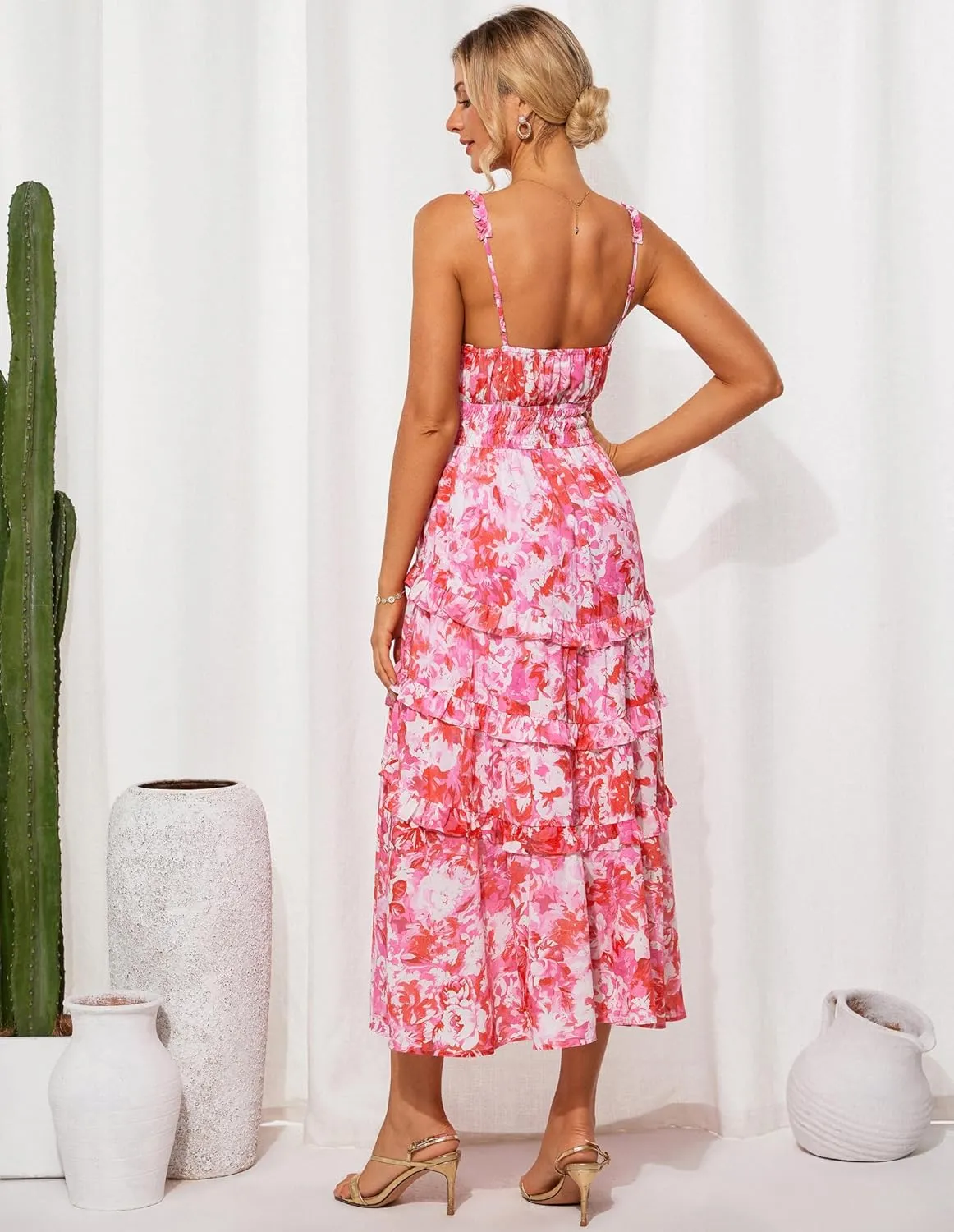 GRACE KARIN Women's Floral Summer Wedding Guest Dresses 2025 Trendy Long Flowy Smocked Tiered Maxi Dress