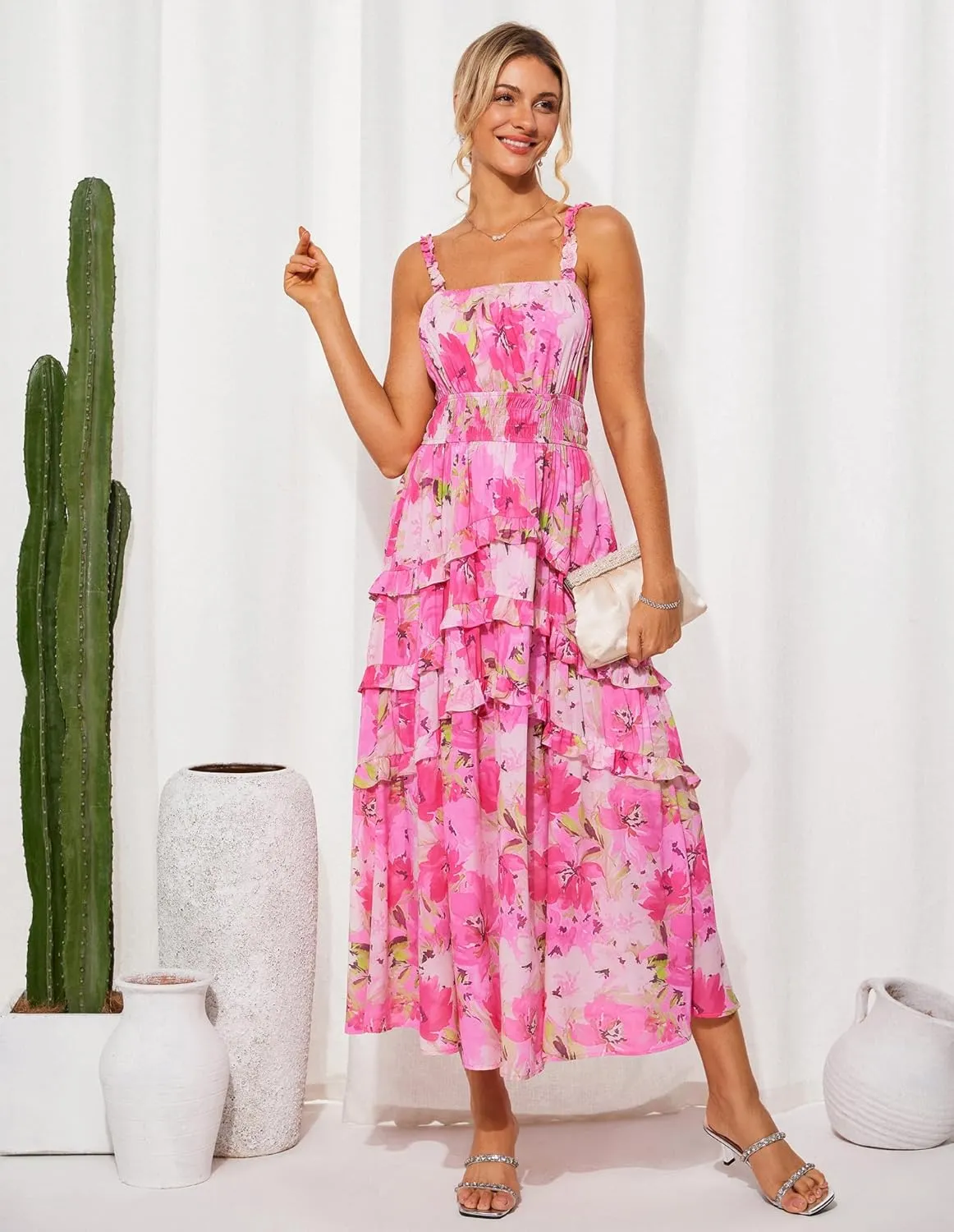 GRACE KARIN Women's Floral Summer Wedding Guest Dresses 2025 Trendy Long Flowy Smocked Tiered Maxi Dress