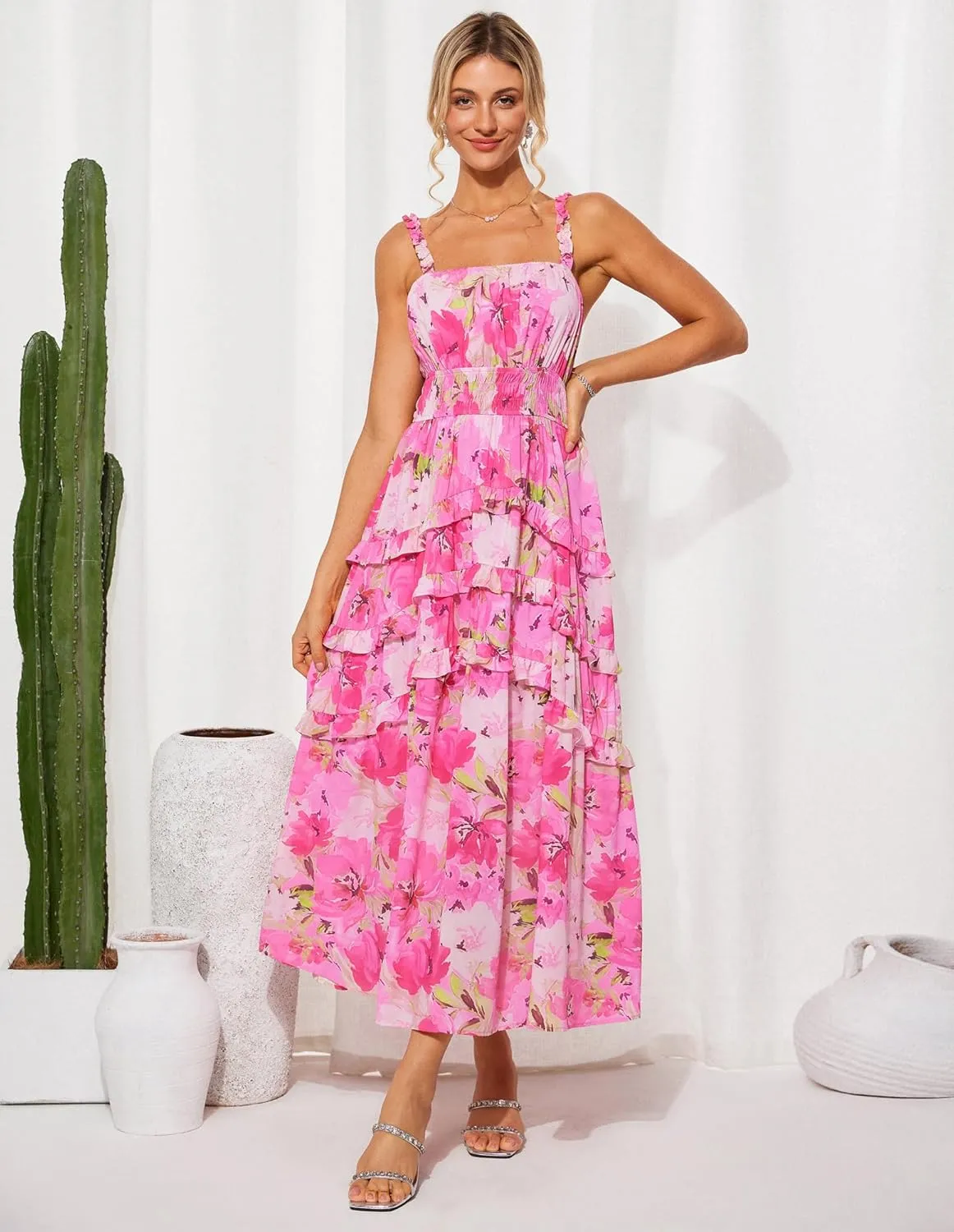 GRACE KARIN Women's Floral Summer Wedding Guest Dresses 2025 Trendy Long Flowy Smocked Tiered Maxi Dress