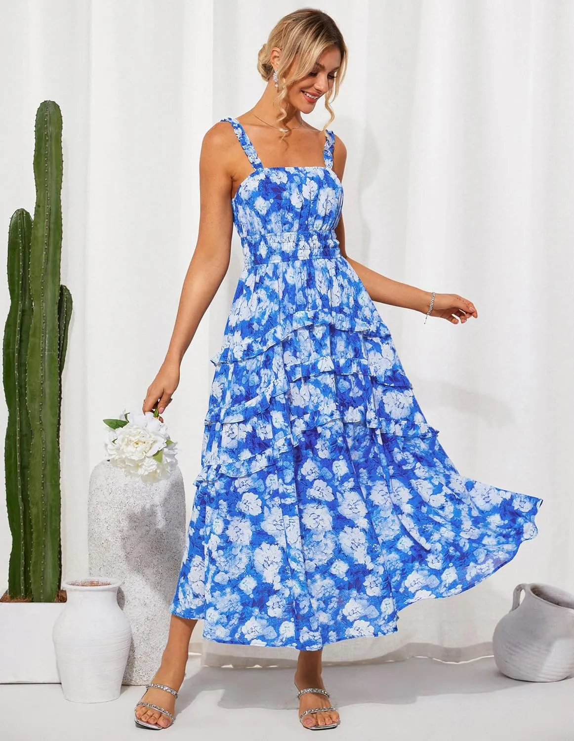 GRACE KARIN Women's Floral Summer Wedding Guest Dresses 2025 Trendy Long Flowy Smocked Tiered Maxi Dress