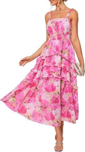 GRACE KARIN Women's Floral Summer Wedding Guest Dresses 2025 Trendy Long Flowy Smocked Tiered Maxi Dress