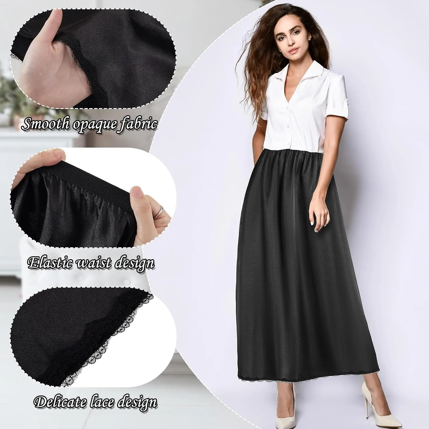 Jadive Women's Satin Half Slip Lace Long Underskirt Skirt Slip Long Slips for Dresses Lingerie Skirt