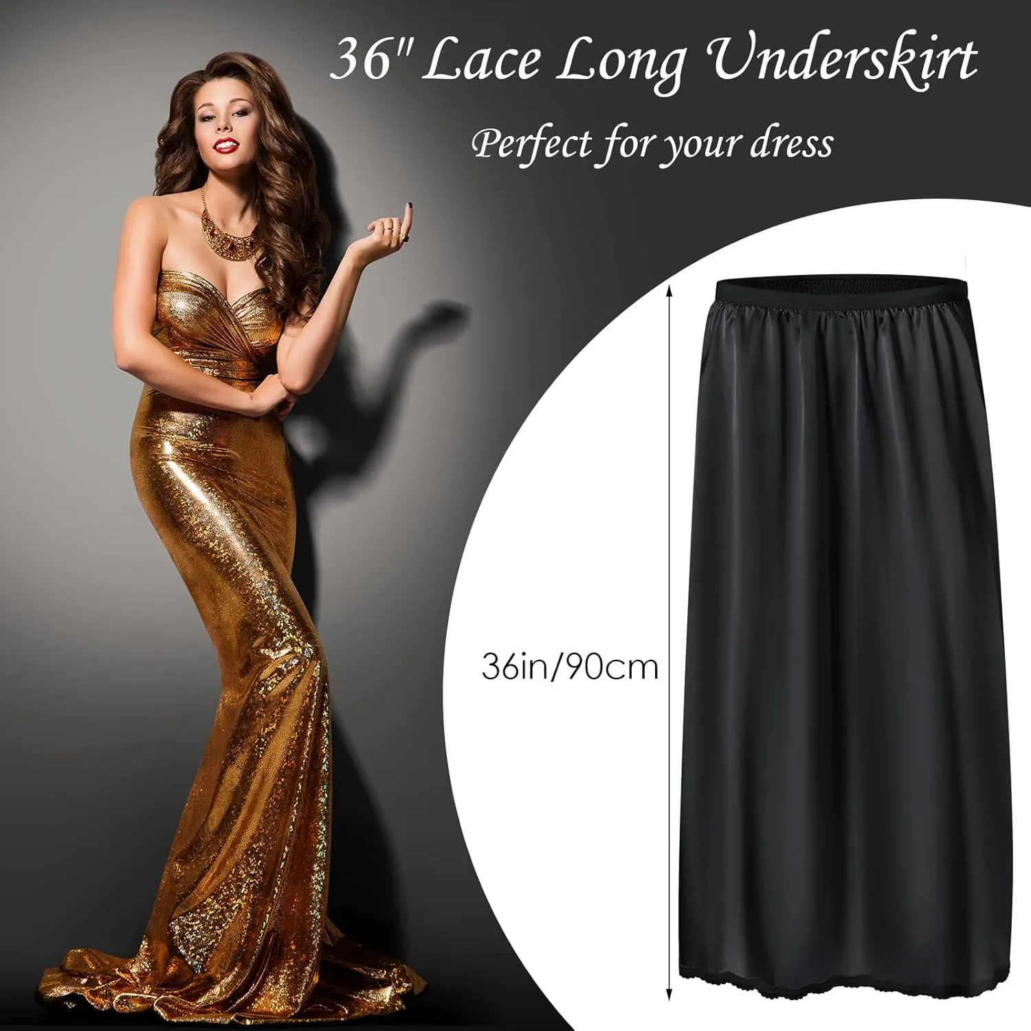 Jadive Women's Satin Half Slip Lace Long Underskirt Skirt Slip Long Slips for Dresses Lingerie Skirt