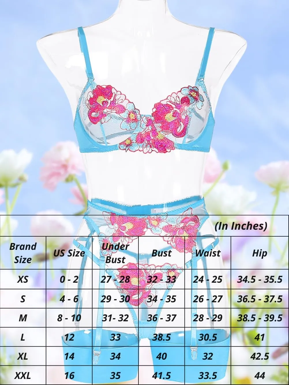 Kaei&Shi Floral Embroidered, Underwire, G-String, Garter Belt, 4 Pieces Lingerie