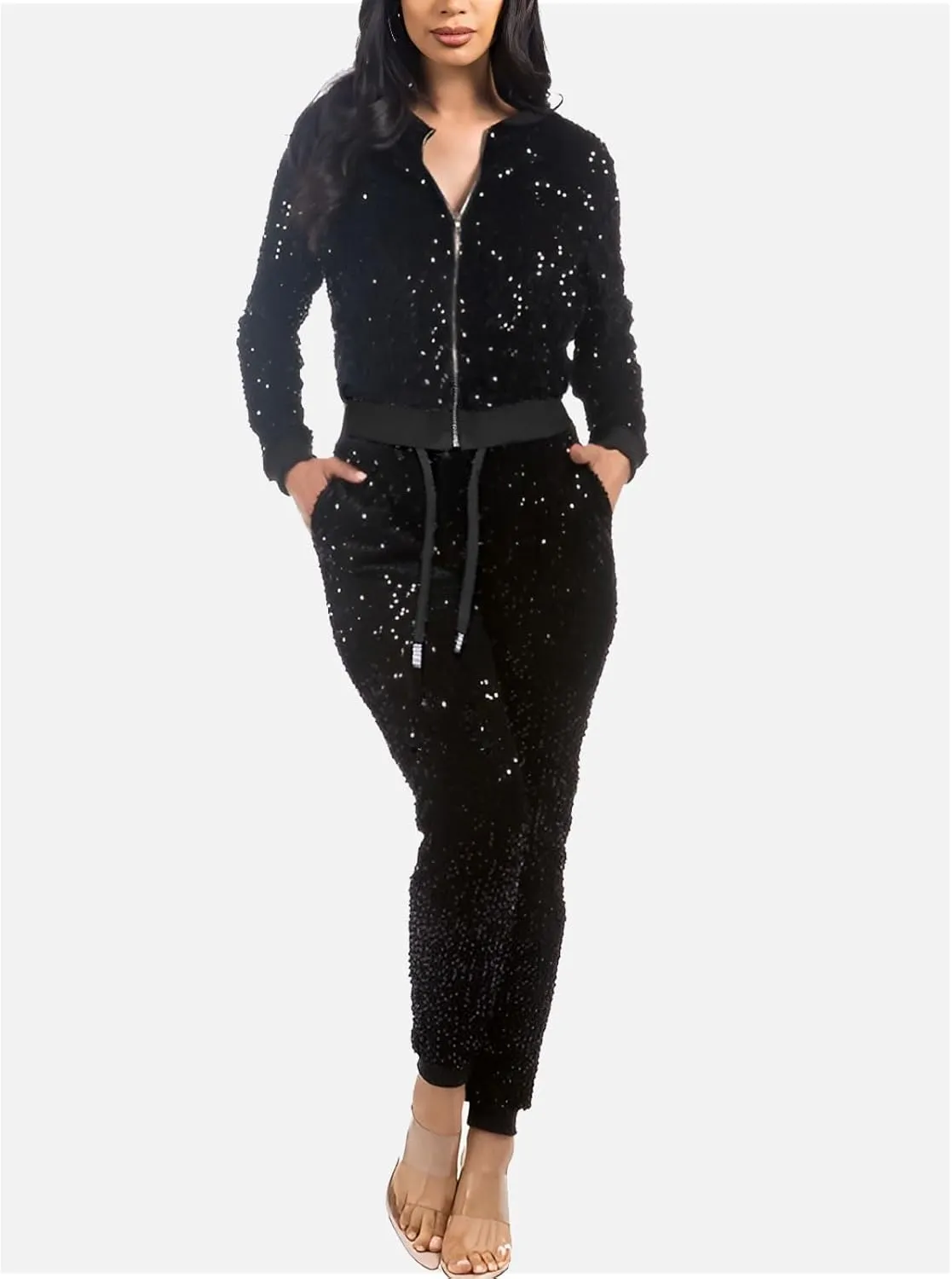 KANSOON Velour Tracksuit Womens Sequin 2 Piece Outfit Long Sleeve Zip Up Jacket and Jogger Pants Sweatsuits Set