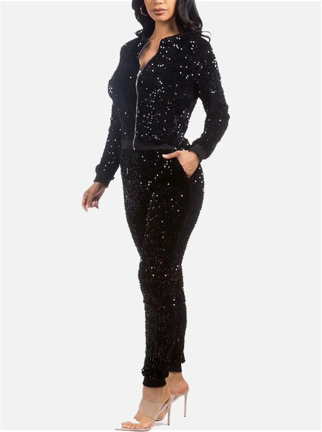 KANSOON Velour Tracksuit Womens Sequin 2 Piece Outfit Long Sleeve Zip Up Jacket and Jogger Pants Sweatsuits Set