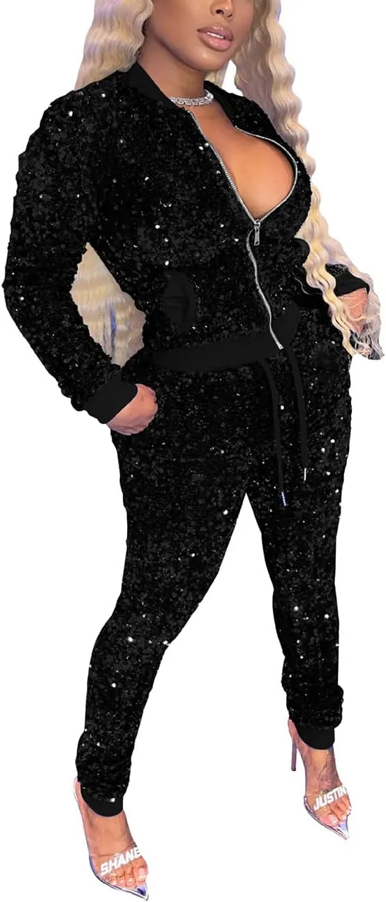 KANSOON Velour Tracksuit Womens Sequin 2 Piece Outfit Long Sleeve Zip Up Jacket and Jogger Pants Sweatsuits Set