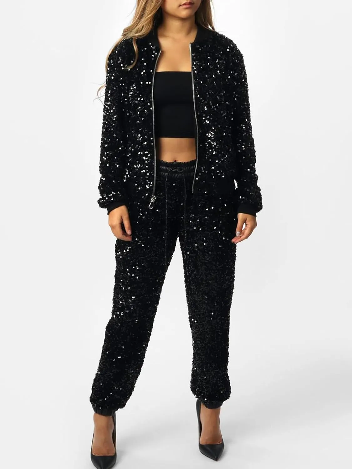 KANSOON Velour Tracksuit Womens Sequin 2 Piece Outfit Long Sleeve Zip Up Jacket and Jogger Pants Sweatsuits Set