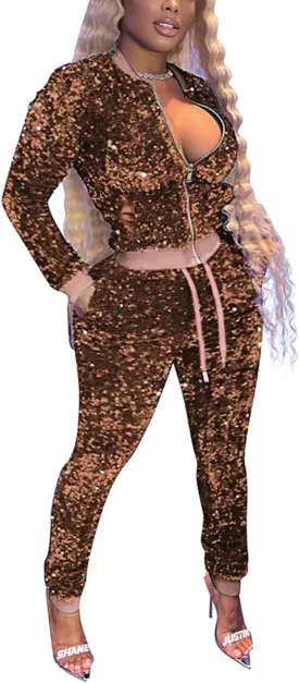 KANSOON Velour Tracksuit Womens Sequin 2 Piece Outfit Long Sleeve Zip Up Jacket and Jogger Pants Sweatsuits Set