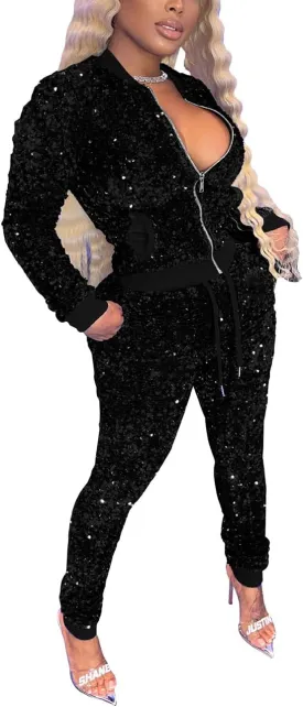 KANSOON Velour Tracksuit Womens Sequin 2 Piece Outfit Long Sleeve Zip Up Jacket and Jogger Pants Sweatsuits Set
