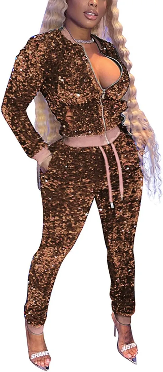 KANSOON Velour Tracksuit Womens Sequin 2 Piece Outfit Long Sleeve Zip Up Jacket and Jogger Pants Sweatsuits Set