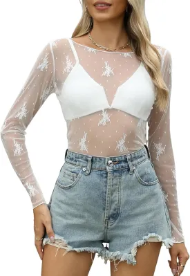 KTILG Womens Lace Long Sleeve Boat Neck Tops Embroidery Sheer Blouse Sexy See Through Shirt Mesh Top S-XXL