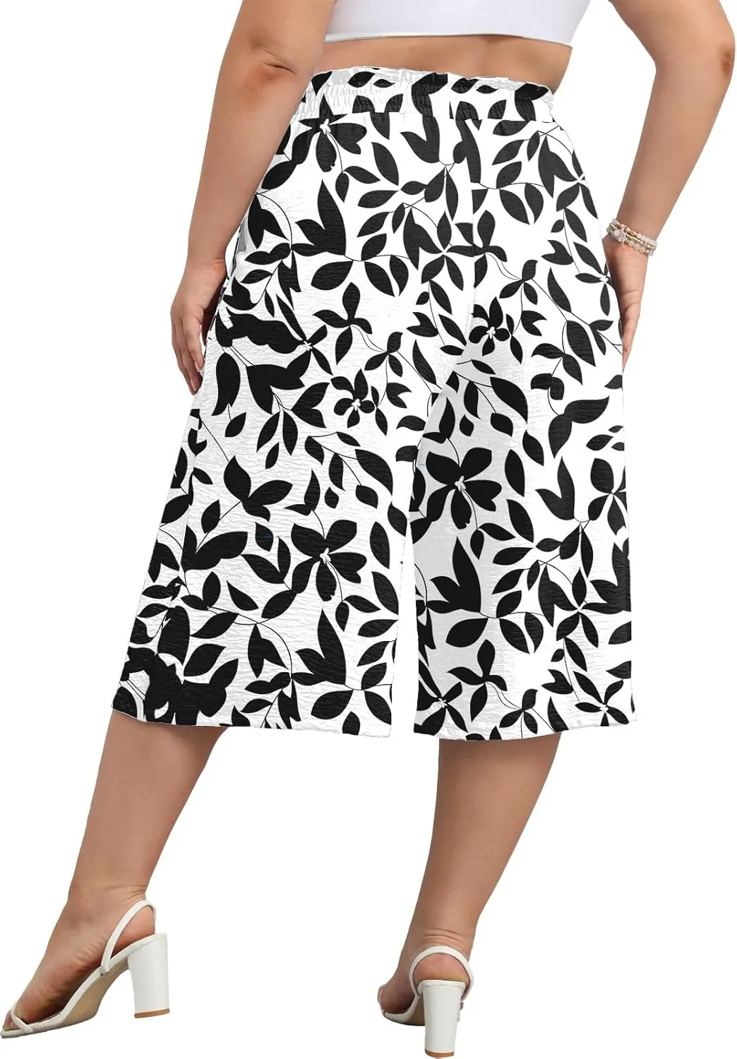 Lastshe Women's Casual Plus Size Cropped Wide-Leg Pants with Pockets High Waisted Adjustable Tie Knot Capri Palazzo Trousers