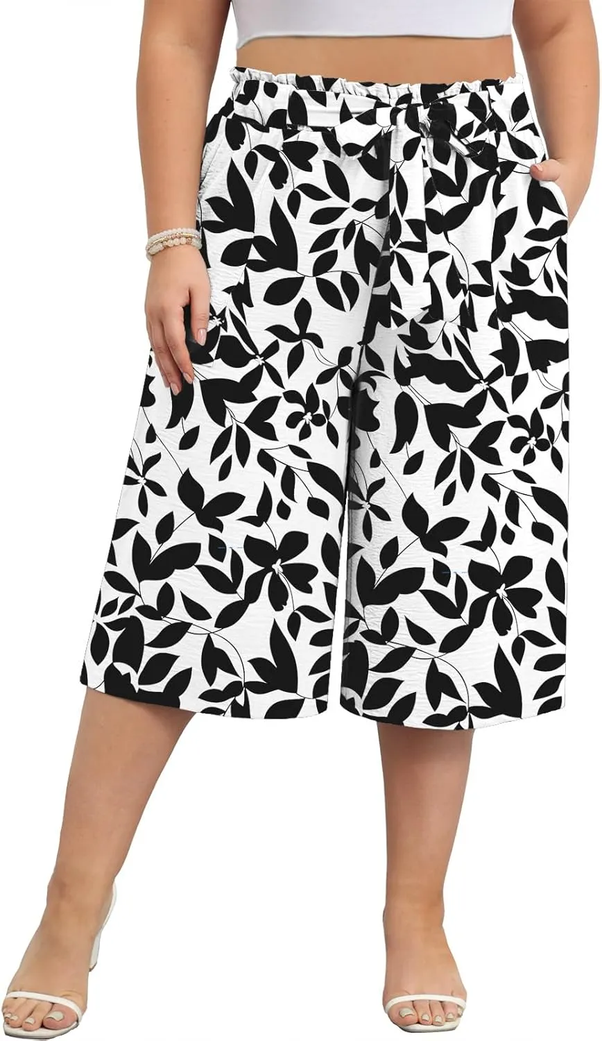 Lastshe Women's Casual Plus Size Cropped Wide-Leg Pants with Pockets High Waisted Adjustable Tie Knot Capri Palazzo Trousers