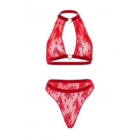 Leg Avenue Velvet Trim Lace Halter Top Heart Ring High Waist Matching Thong Red