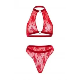 Leg Avenue Velvet Trim Lace Halter Top Heart Ring High Waist Matching Thong Red