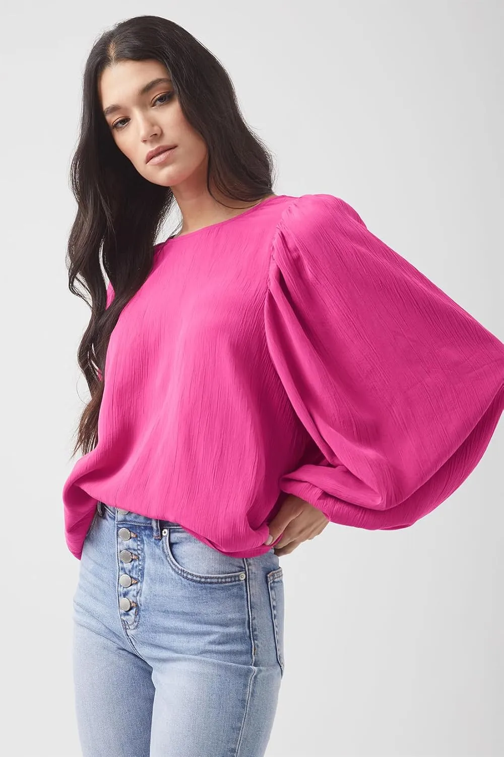 Lesore Womens Blouses Long Sleeve Solid Crewneck Balloon Sleeve Keyhole Back Blouses Tops Tshirts