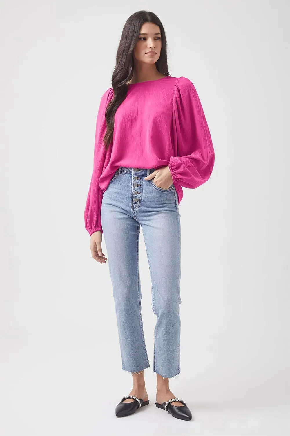 Lesore Womens Blouses Long Sleeve Solid Crewneck Balloon Sleeve Keyhole Back Blouses Tops Tshirts