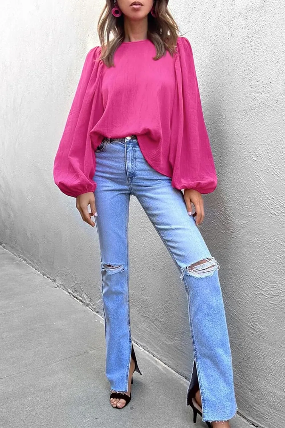Lesore Womens Blouses Long Sleeve Solid Crewneck Balloon Sleeve Keyhole Back Blouses Tops Tshirts