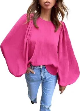 Lesore Womens Blouses Long Sleeve Solid Crewneck Balloon Sleeve Keyhole Back Blouses Tops Tshirts