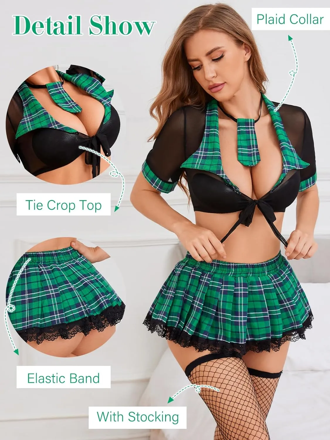 Lingerie for Women Schoolgirl Costume 0utfit Lingerie Set Student Cosplay Tie Top and Mini Skirt with Stocking