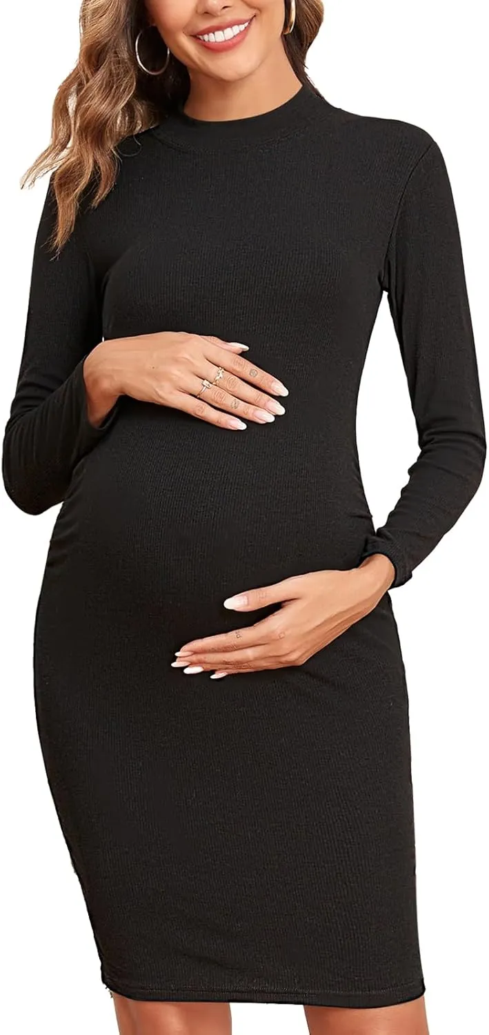 Liu & Qu Women's Maternity Knit Ribbed Dress Long Sleeve Bodycon Dress Daily Wearing Baby Shower