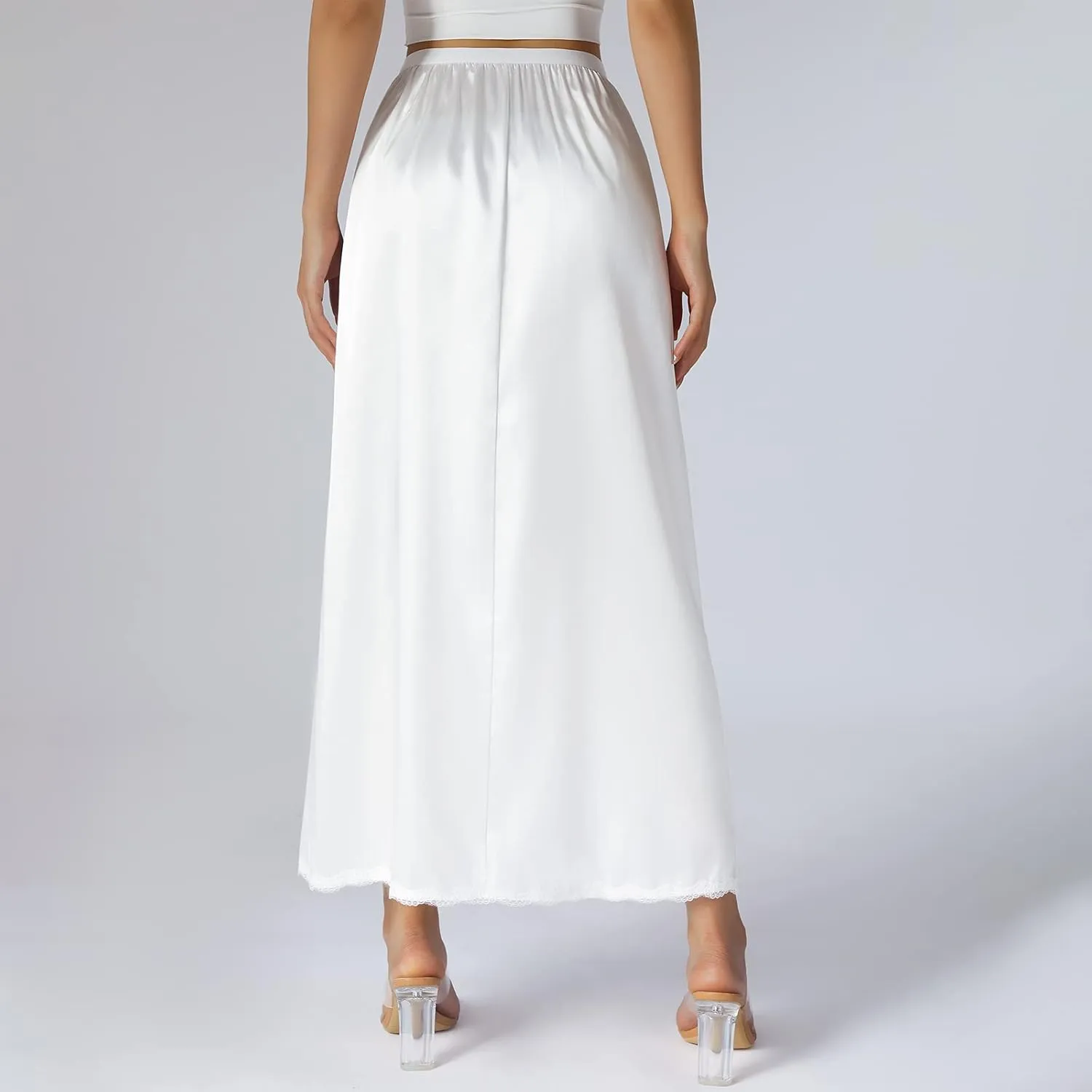 MAINESAKA Half Slips for Women Anti-static Elastic Waist Satin Lace Long Underskirt for Under Dresses Lingerie Long Skirt