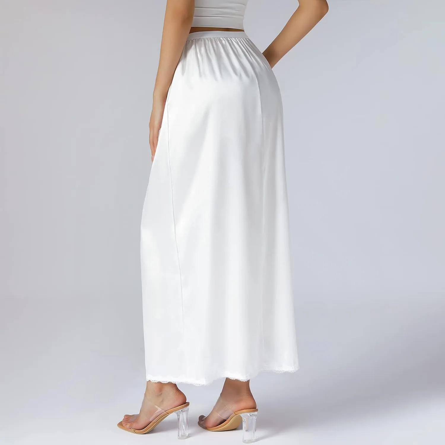 MAINESAKA Half Slips for Women Anti-static Elastic Waist Satin Lace Long Underskirt for Under Dresses Lingerie Long Skirt