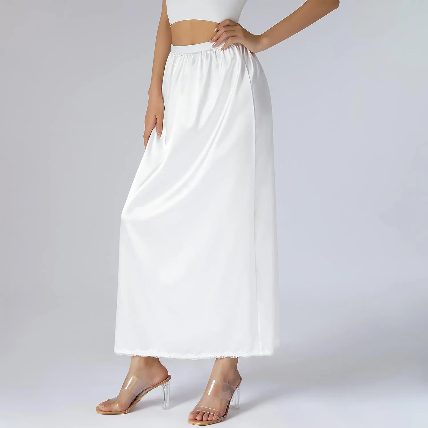 MAINESAKA Half Slips for Women Anti-static Elastic Waist Satin Lace Long Underskirt for Under Dresses Lingerie Long Skirt