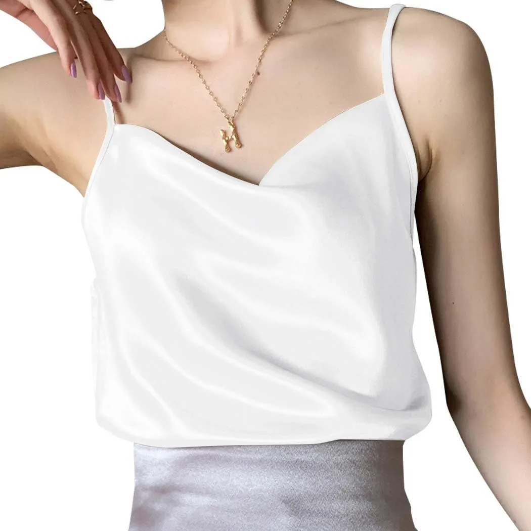 Miqieer Basic Women's Silk Tank Top Ladies V-Neck Camisole Silky Loose Sleeveless Blouse Satin Tank Shirt