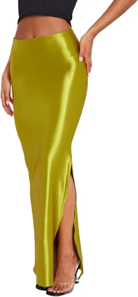 Molisry Women's Satin Silk Skirt Dressy High Waisted Side Slit Elegant A-Line Long Maxi Pencil Skirt Wedding
