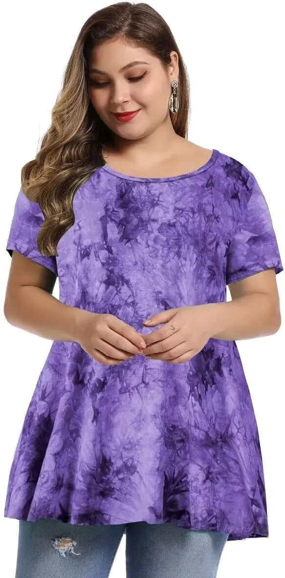 MONNURO Womens Short Sleeve Casual Loose Fit Flare Swing Tunic Tops Basic T-Shirt Plus Size