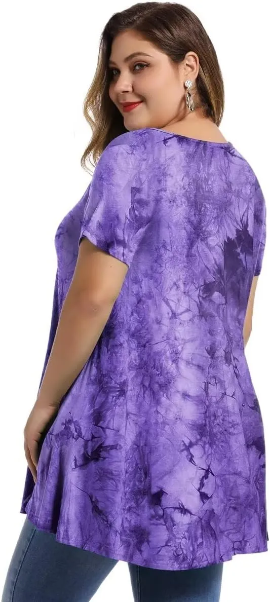 MONNURO Womens Short Sleeve Casual Loose Fit Flare Swing Tunic Tops Basic T-Shirt Plus Size