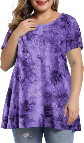 MONNURO Womens Short Sleeve Casual Loose Fit Flare Swing Tunic Tops Basic T-Shirt Plus Size
