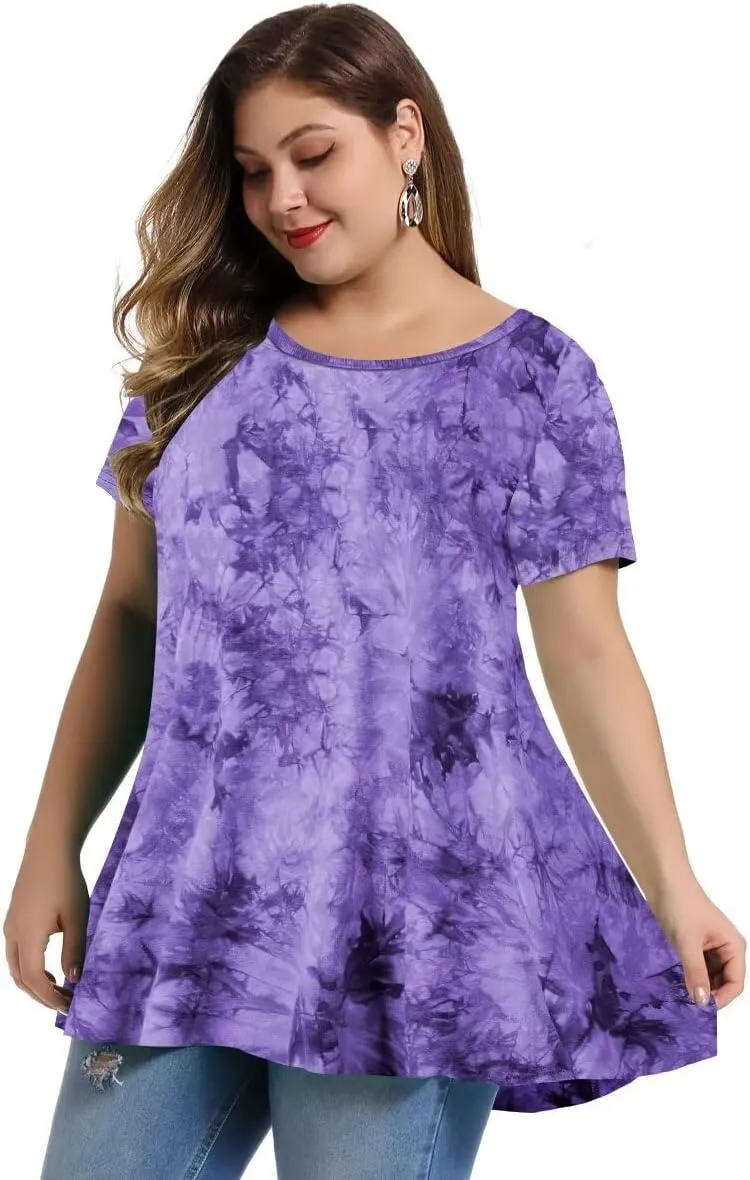 MONNURO Womens Short Sleeve Casual Loose Fit Flare Swing Tunic Tops Basic T-Shirt Plus Size