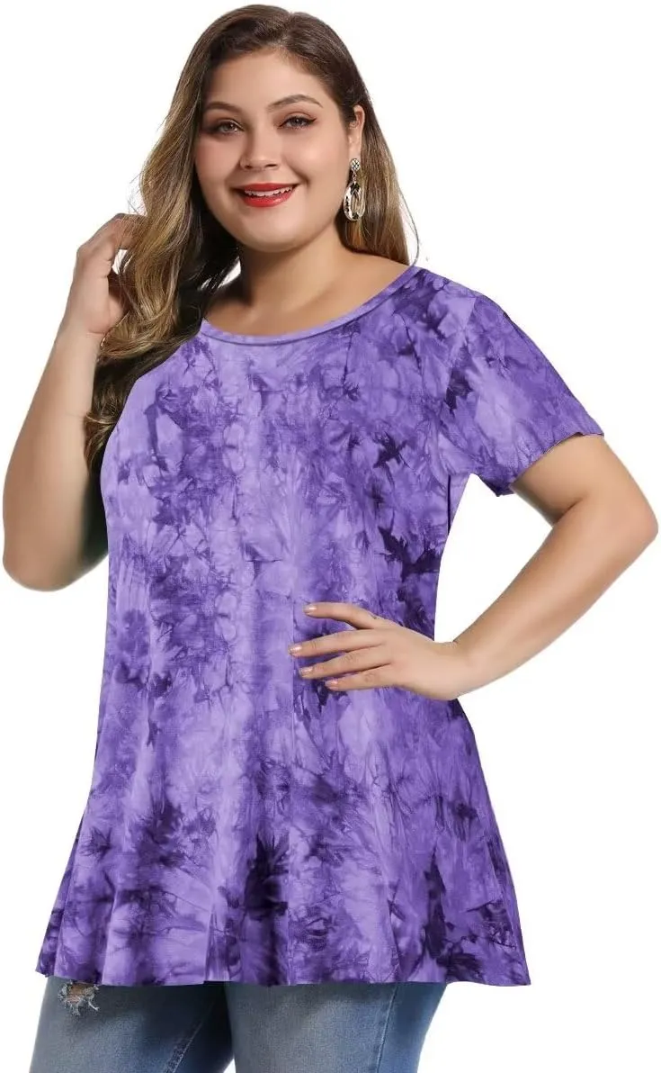MONNURO Womens Short Sleeve Casual Loose Fit Flare Swing Tunic Tops Basic T-Shirt Plus Size