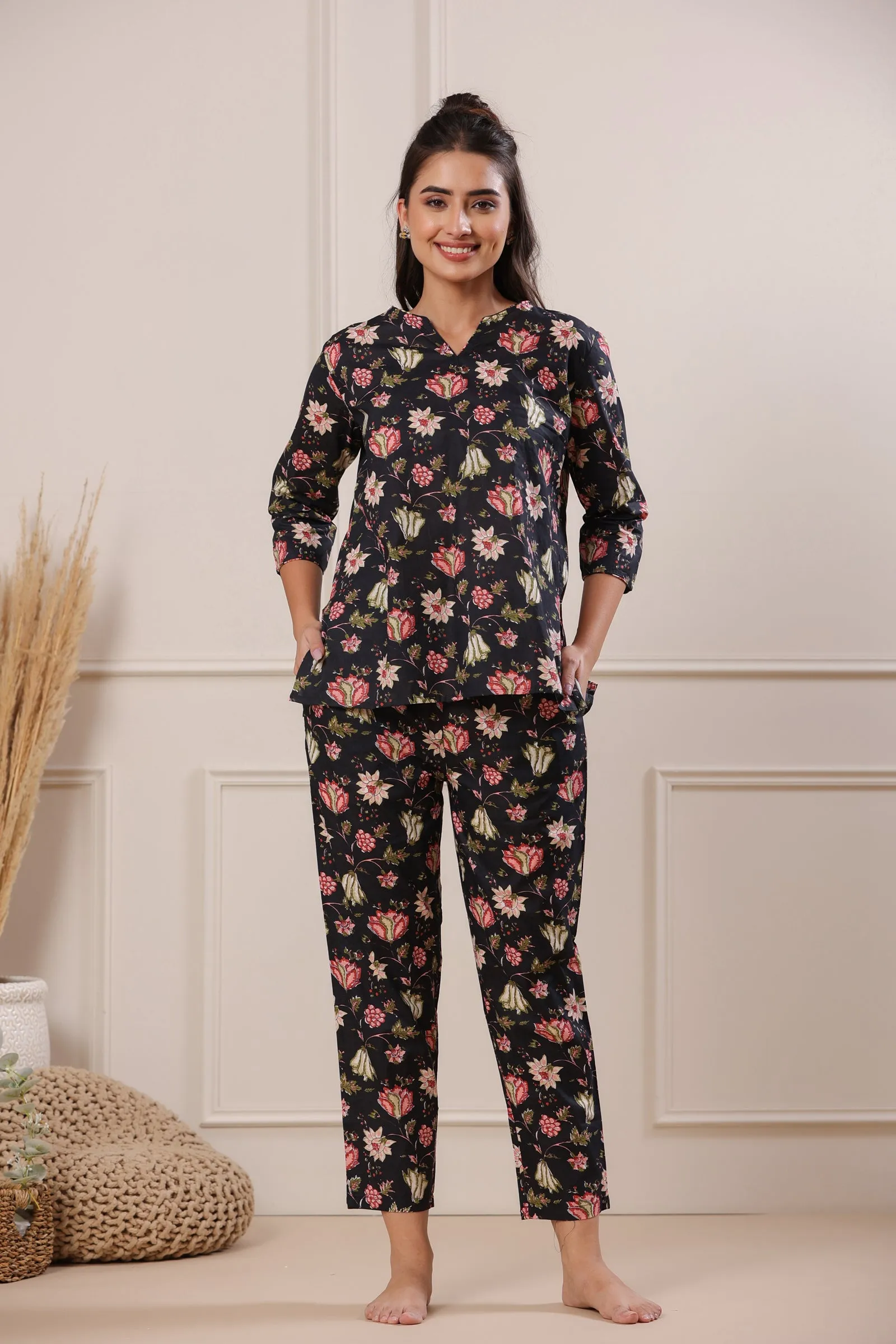 Nidra Garden Black Cotton Pyjama Night Suit Set