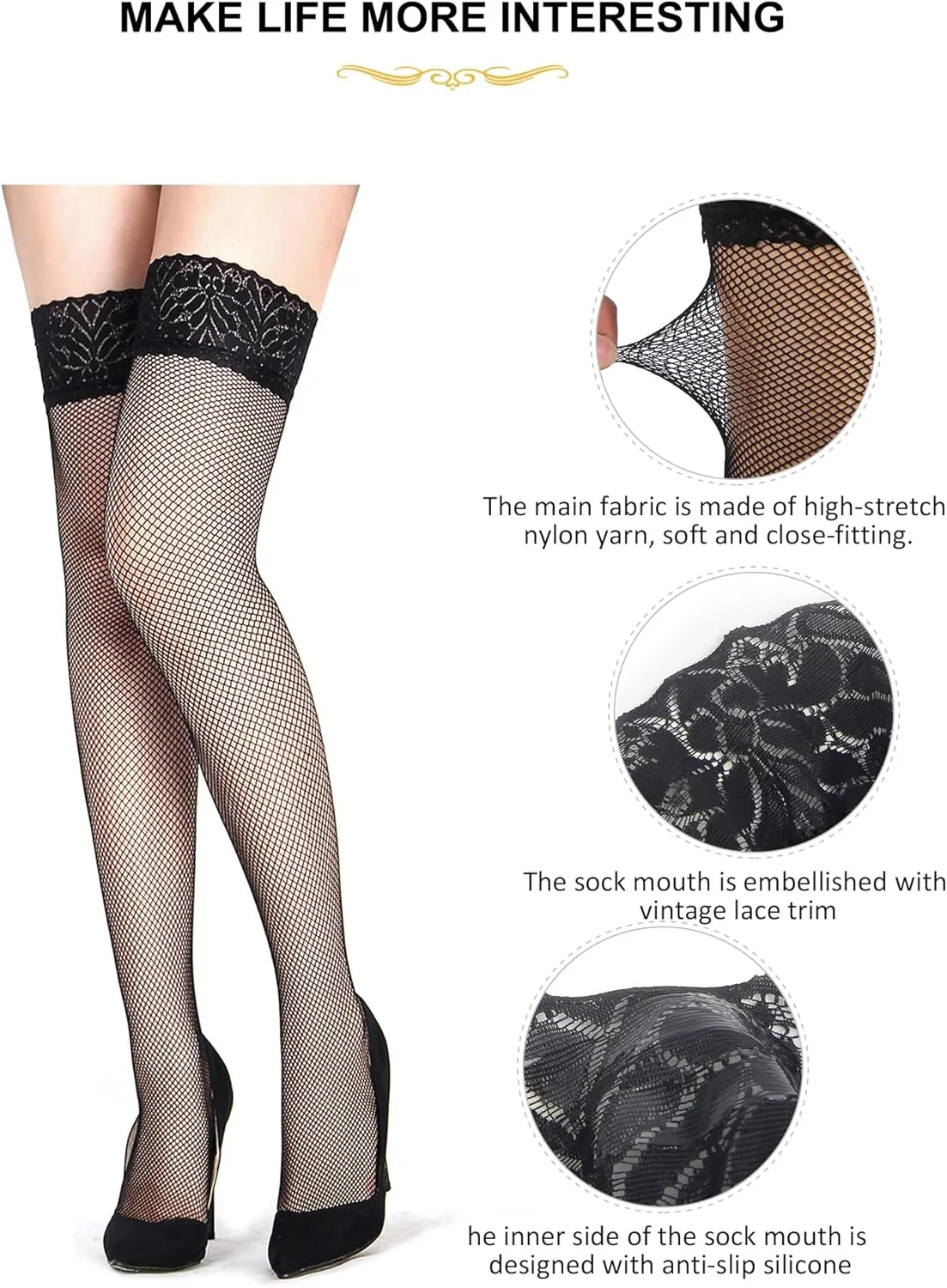 ohyeah Women Fishnet Thigh High Stockings Plus Size Floral Lace Silicone Lace Top Thigh Highs Socks