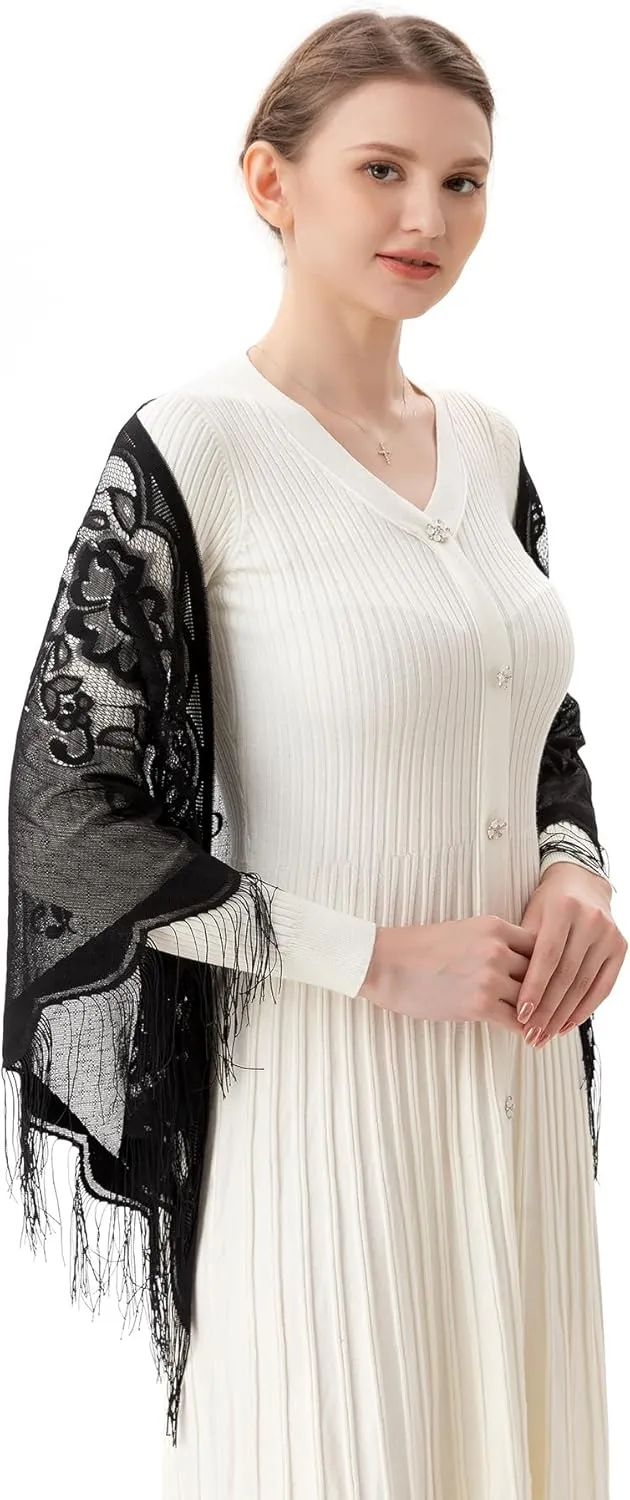 PAMOR Triangle Catholic Church Veil Chapel Veil Scarf Mantilla Veils Wrap Shawl Mass Head Covering with Fringe Trim