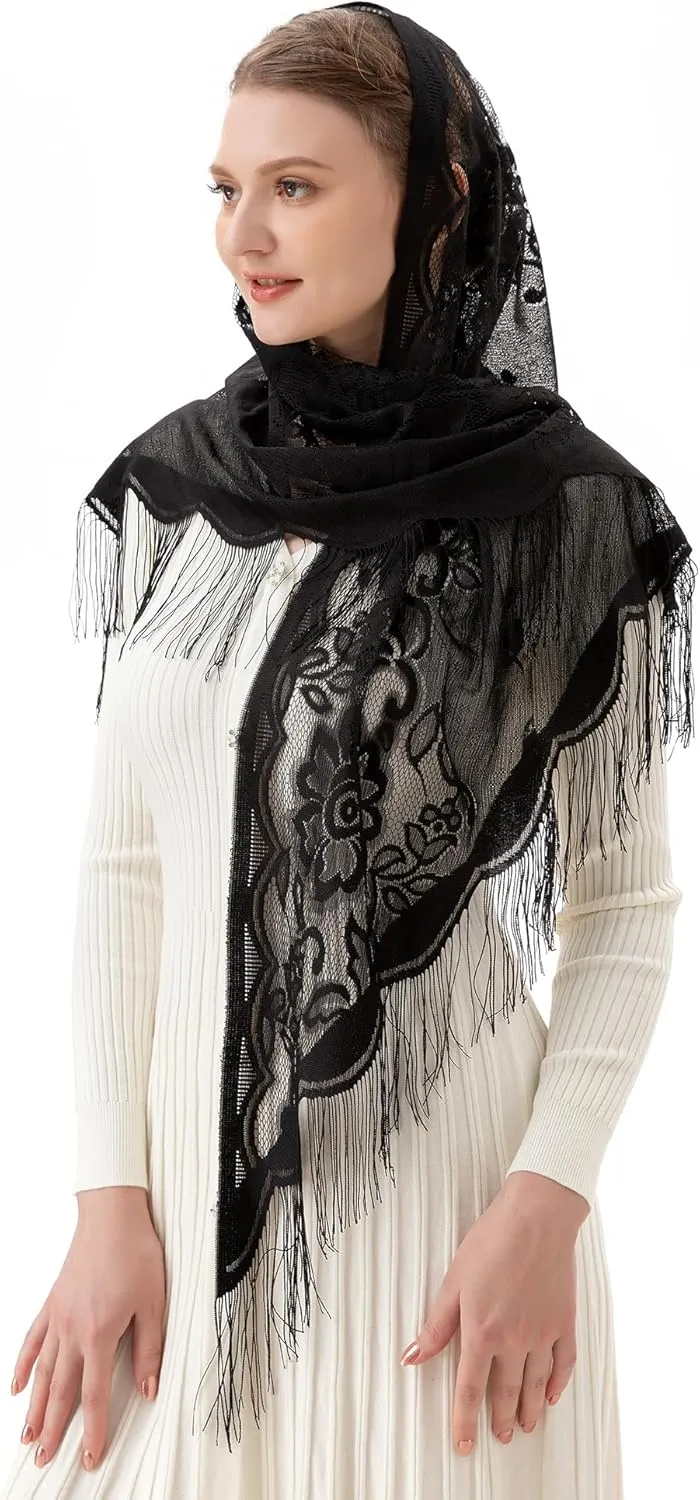 PAMOR Triangle Catholic Church Veil Chapel Veil Scarf Mantilla Veils Wrap Shawl Mass Head Covering with Fringe Trim