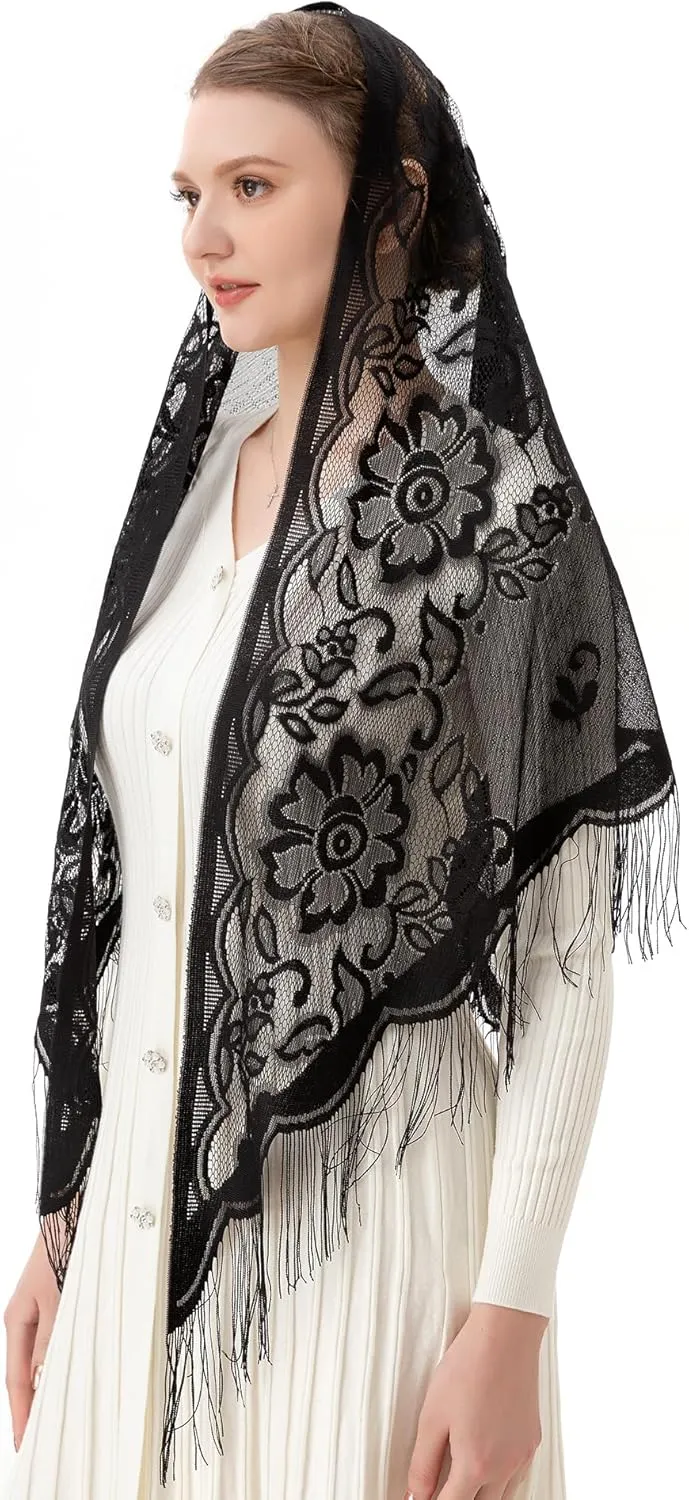 PAMOR Triangle Catholic Church Veil Chapel Veil Scarf Mantilla Veils Wrap Shawl Mass Head Covering with Fringe Trim
