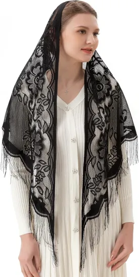 PAMOR Triangle Catholic Church Veil Chapel Veil Scarf Mantilla Veils Wrap Shawl Mass Head Covering with Fringe Trim