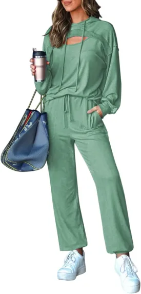 Pink Queen Womens 2 Piece Sweatsuit Outfits Long Sleeve Cutout Hoodies and Drawstring Pants Tracksuit Lounge Set with Pockets