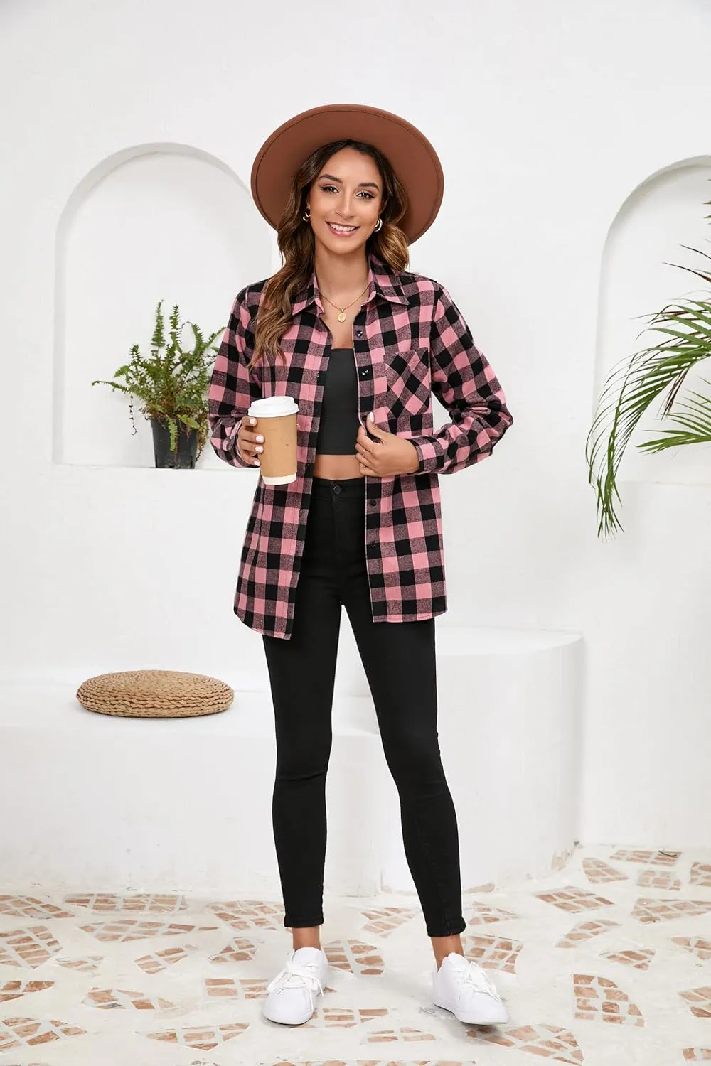 Plaid Shirts for Women Casual Button Down Flannel Shirt Plus Size Roll Up Long Sleeve Checkered Blouse Tops